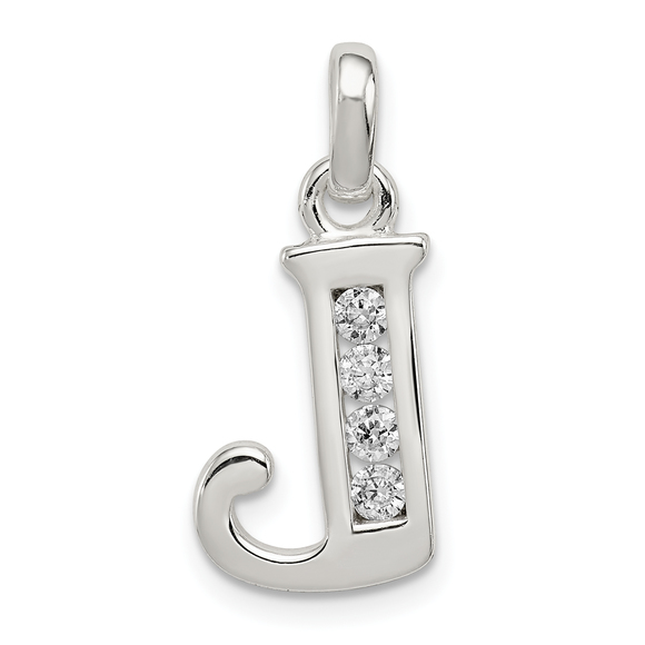 Sterling Silver White CZ Letter J Initial Pendant - Picture 1 of 4
